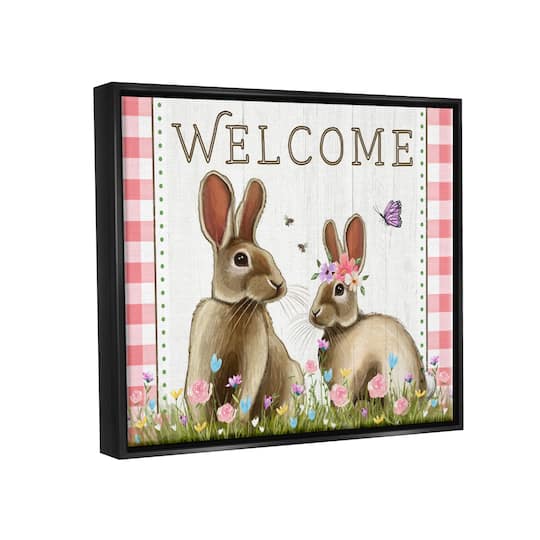 Stupell Industries Welcome Plaid Spring Garden Rabbits Floater Framed Art